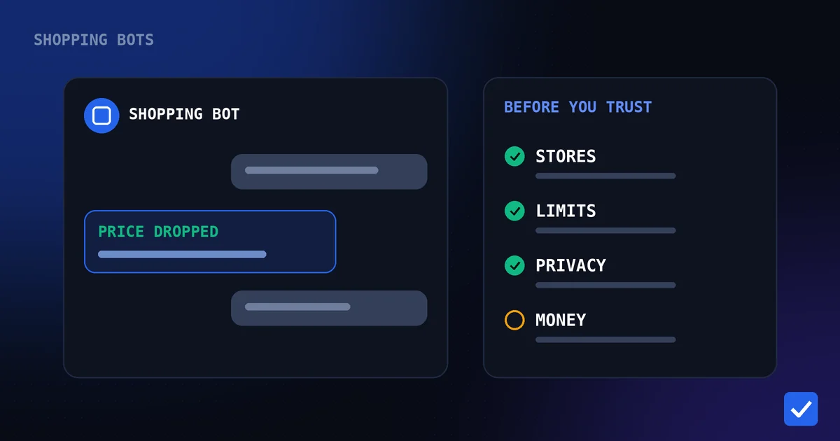 Flat illustration of a Telegram-style chat with a bot avatar, a price alert bubble and a small evaluation checklist, in blue and indigo on a dark background