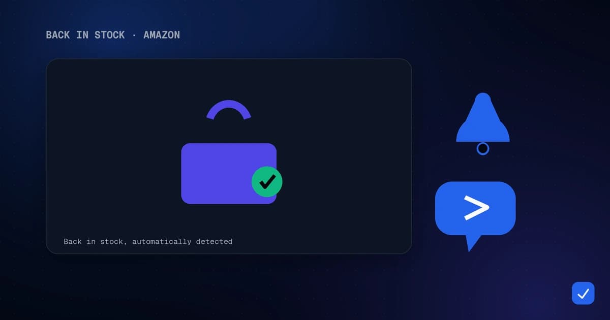 Modern flat illustration of a shopping bag with a restock checkmark and a Telegram notification, in blue and indigo on a dark background