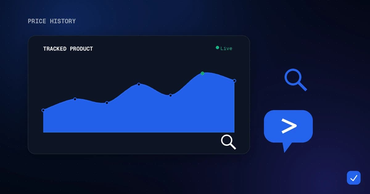 Modern flat illustration of a price history graph with a downward trend line and a magnifying glass, in blue and indigo on a dark background